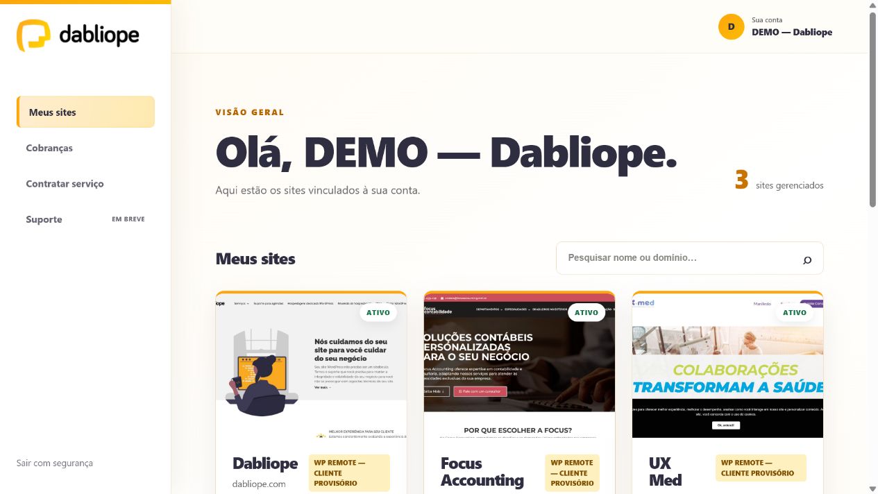 Grade de sites do painel Dabliope com saúde, acesso ao WordPress e gerenciamento