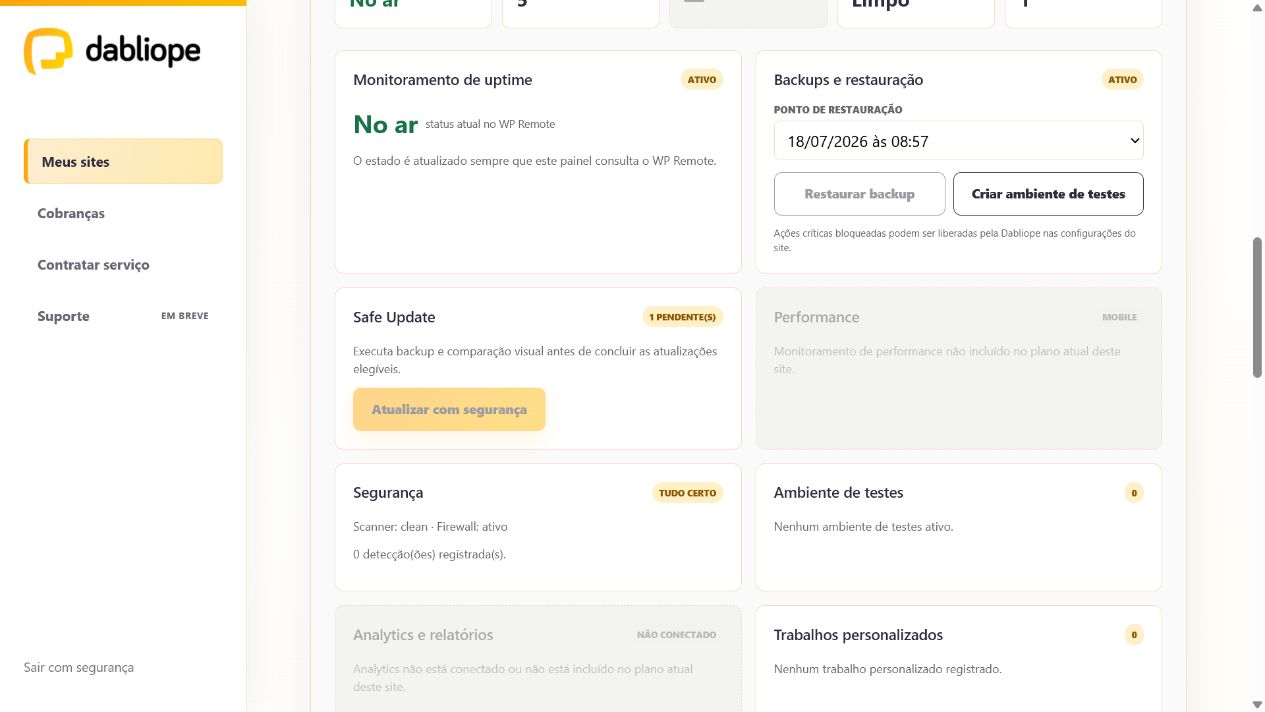 Painel de saúde, uptime, backups e restauração de um site gerenciado
